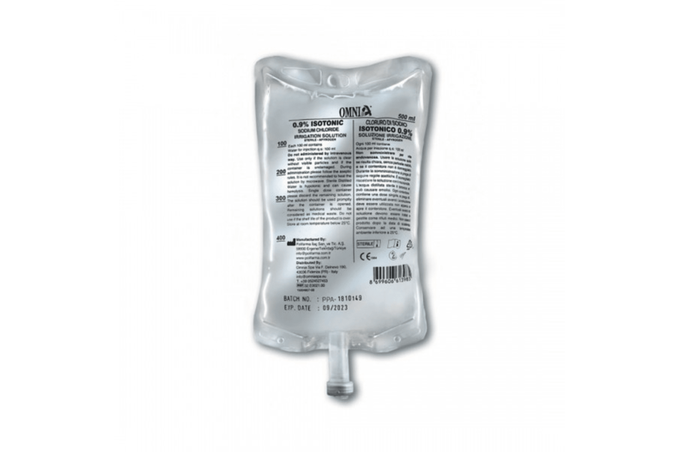 Skyllevand natriumklorid i 500 ml poser.